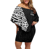 New Zealand Silver Fern Rugby Custom Off Shoulder Short Dress Maori Koru Go Black Fern - Polynesian Pride