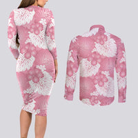 Pink Aloha Hawaii Couples Matching Long Sleeve Bodycon Dress and Long Sleeve Button Shirt Monstera Hibiscus Plumeria Seamless Vibes - Polynesian Pride