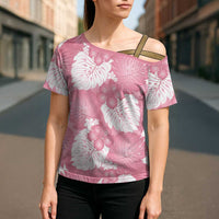 Pink Aloha Hawaii Cross Shoulder Shirt Monstera Hibiscus Plumeria Seamless Vibes LT14 - Polynesian Pride