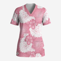 Pink Aloha Hawaii Scrub Top Monstera Hibiscus Plumeria Seamless Vibes - Polynesian Pride