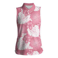 Pink Aloha Hawaii Women Sleeveless Polo Shirt Monstera Hibiscus Plumeria Seamless Vibes LT14 Female Pink - Polynesian Pride