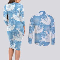 Blue Aloha Hawaii Couples Matching Long Sleeve Bodycon Dress and Long Sleeve Button Shirt Monstera Hibiscus Plumeria Seamless Vibes - Polynesian Pride