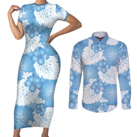 Blue Aloha Hawaii Couples Matching Short Sleeve Bodycon Dress and Long Sleeve Button Shirt Monstera Hibiscus Plumeria Seamless Vibes - Polynesian Pride