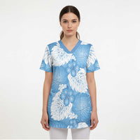 Blue Aloha Hawaii Scrub Top Monstera Hibiscus Plumeria Seamless Vibes - Polynesian Pride
