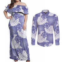 Purple Aloha Hawaii Couples Matching Off Shoulder Maxi Dress and Long Sleeve Button Shirt Monstera Hibiscus Plumeria Seamless Vibes - Polynesian Pride