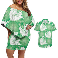Green Aloha Hawaii Couples Matching Off Shoulder Short Dress and Hawaiian Shirt Monstera Hibiscus Plumeria Seamless Vibes - Polynesian Pride