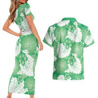 Green Aloha Hawaii Couples Matching Short Sleeve Bodycon Dress and Hawaiian Shirt Monstera Hibiscus Plumeria Seamless Vibes - Polynesian Pride