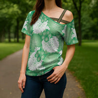 Green Aloha Hawaii Cross Shoulder Shirt Monstera Hibiscus Plumeria Seamless Vibes LT14 - Polynesian Pride