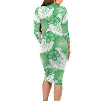 Green Aloha Hawaii Long Sleeve Bodycon Dress Monstera Hibiscus Plumeria Seamless Vibes - Polynesian Pride