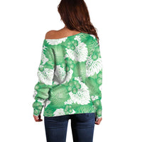 Green Aloha Hawaii Off Shoulder Sweater Monstera Hibiscus Plumeria Seamless Vibes - Polynesian Pride