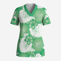 Green Aloha Hawaii Scrub Top Monstera Hibiscus Plumeria Seamless Vibes - Polynesian Pride
