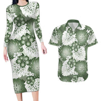 Sage Green Aloha Hawaii Couples Matching Long Sleeve Bodycon Dress and Hawaiian Shirt Monstera Hibiscus Plumeria Seamless Vibes - Polynesian Pride