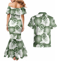 Sage Green Aloha Hawaii Couples Matching Mermaid Dress and Hawaiian Shirt Monstera Hibiscus Plumeria Seamless Vibes - Polynesian Pride