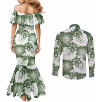 Sage Green Aloha Hawaii Couples Matching Mermaid Dress and Long Sleeve Button Shirt Monstera Hibiscus Plumeria Seamless Vibes - Polynesian Pride