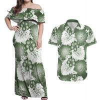Sage Green Aloha Hawaii Couples Matching Off Shoulder Maxi Dress and Hawaiian Shirt Monstera Hibiscus Plumeria Seamless Vibes - Polynesian Pride