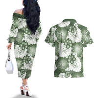 Sage Green Aloha Hawaii Couples Matching Off The Shoulder Long Sleeve Dress and Hawaiian Shirt Monstera Hibiscus Plumeria Seamless Vibes - Polynesian Pride