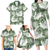 Sage Green Aloha Hawaii Family Matching Long Sleeve Bodycon Dress and Hawaiian Shirt Monstera Hibiscus Plumeria Seamless Vibes LT14 - Polynesian Pride