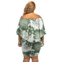 Sage Green Aloha Hawaii Off Shoulder Short Dress Monstera Hibiscus Plumeria Seamless Vibes - Polynesian Pride