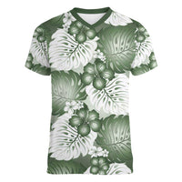 Sage Green Aloha Hawaii Women V-Neck T-Shirt Monstera Hibiscus Plumeria Seamless Vibes - Polynesian Pride