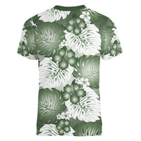 Sage Green Aloha Hawaii Women V-Neck T-Shirt Monstera Hibiscus Plumeria Seamless Vibes - Polynesian Pride
