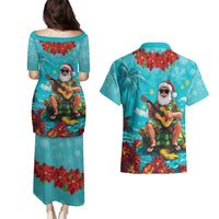 Hawaii Christmas Couples Matching Puletasi and Hawaiian Shirt Mele Kalikimaka Poinsettia Lei - Cyan LT14 - Polynesian Pride