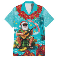 Hawaii Christmas Family Matching Tank Maxi Dress and Hawaiian Shirt Mele Kalikimaka Poinsettia Lei - Cyan