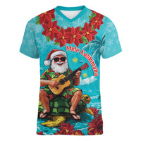 Hawaii Christmas Women V-Neck T-Shirt Mele Kalikimaka Poinsettia Lei - Cyan LT14 Female Cyan - Polynesian Pride