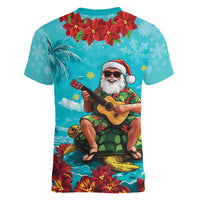 Hawaii Christmas Women V-Neck T-Shirt Mele Kalikimaka Poinsettia Lei - Cyan LT14 - Polynesian Pride