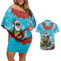 Hawaii Christmas Couples Matching Off Shoulder Short Dress and Hawaiian Shirt Mele Kalikimaka Poinsettia Lei Polynesian - Blue LT14 Blue - Polynesian Pride