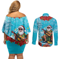 Hawaii Christmas Couples Matching Off Shoulder Short Dress and Long Sleeve Button Shirt Mele Kalikimaka Poinsettia Lei Polynesian - Blue LT14 - Polynesian Pride