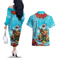 Hawaii Christmas Couples Matching Off The Shoulder Long Sleeve Dress and Hawaiian Shirt Mele Kalikimaka Poinsettia Lei Polynesian - Blue