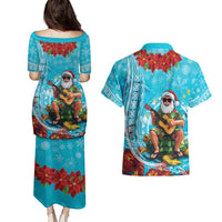 Hawaii Christmas Couples Matching Puletasi and Hawaiian Shirt Mele Kalikimaka Poinsettia Lei Polynesian - Blue LT14 - Polynesian Pride