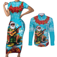 Hawaii Christmas Couples Matching Short Sleeve Bodycon Dress and Long Sleeve Button Shirt Mele Kalikimaka Poinsettia Lei Polynesian - Blue