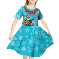 Hawaii Christmas Kid Short Sleeve Dress Mele Kalikimaka Poinsettia Lei Polynesian - Blue