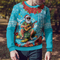 Hawaii Christmas Ugly Christmas Sweater Mele Kalikimaka Poinsettia Lei Polynesian - Blue