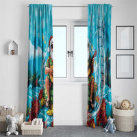 Hawaii Christmas Window Curtain Mele Kalikimaka Poinsettia Lei Polynesian - Blue