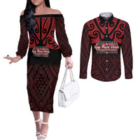 Personalised Keep Maori Wards New Zealand Couples Matching Off The Shoulder Long Sleeve Dress and Long Sleeve Button Shirt Stronger Together Aotearoa Taniko LT14 Black - Polynesian Pride