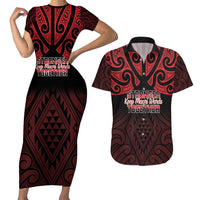 Personalised Keep Maori Wards New Zealand Couples Matching Short Sleeve Bodycon Dress and Hawaiian Shirt Stronger Together Aotearoa Taniko LT14 Black - Polynesian Pride