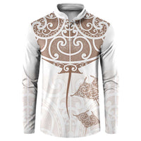 New Zealand Manta Ray Tattoo Button Sweatshirt Aotearoa Maori Haehae Beige - Polynesian Pride