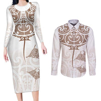 New Zealand Manta Ray Tattoo Couples Matching Long Sleeve Bodycon Dress and Long Sleeve Button Shirt Aotearoa Maori Haehae Beige - Polynesian Pride