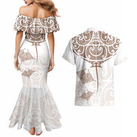 New Zealand Manta Ray Tattoo Couples Matching Mermaid Dress and Hawaiian Shirt Aotearoa Maori Haehae Beige - Polynesian Pride