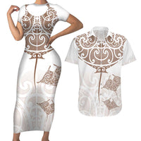 New Zealand Manta Ray Tattoo Couples Matching Short Sleeve Bodycon Dress and Hawaiian Shirt Aotearoa Maori Haehae Beige - Polynesian Pride