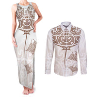New Zealand Manta Ray Tattoo Couples Matching Tank Maxi Dress and Long Sleeve Button Shirt Aotearoa Maori Haehae Beige - Polynesian Pride