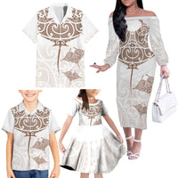 New Zealand Manta Ray Tattoo Family Matching Off The Shoulder Long Sleeve Dress and Hawaiian Shirt Aotearoa Maori Haehae Beige - Polynesian Pride