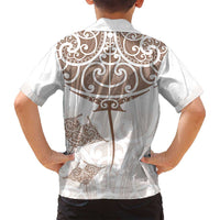 New Zealand Manta Ray Tattoo Family Matching Off Shoulder Short Dress and Hawaiian Shirt Aotearoa Maori Haehae Beige - Polynesian Pride
