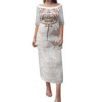 New Zealand Manta Ray Tattoo Family Matching Puletasi and Hawaiian Shirt Aotearoa Maori Haehae Beige - Polynesian Pride