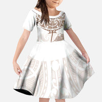 New Zealand Manta Ray Tattoo Family Matching Summer Maxi Dress and Hawaiian Shirt Aotearoa Maori Haehae Beige - Polynesian Pride