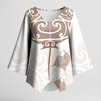 New Zealand Manta Ray Tattoo Kimono Sleeve Blouse Aotearoa Maori Haehae Beige - Polynesian Pride