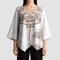 New Zealand Manta Ray Tattoo Kimono Sleeve Blouse Aotearoa Maori Haehae Beige - Polynesian Pride