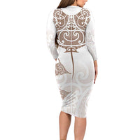 New Zealand Manta Ray Tattoo Long Sleeve Bodycon Dress Aotearoa Maori Haehae Beige - Polynesian Pride